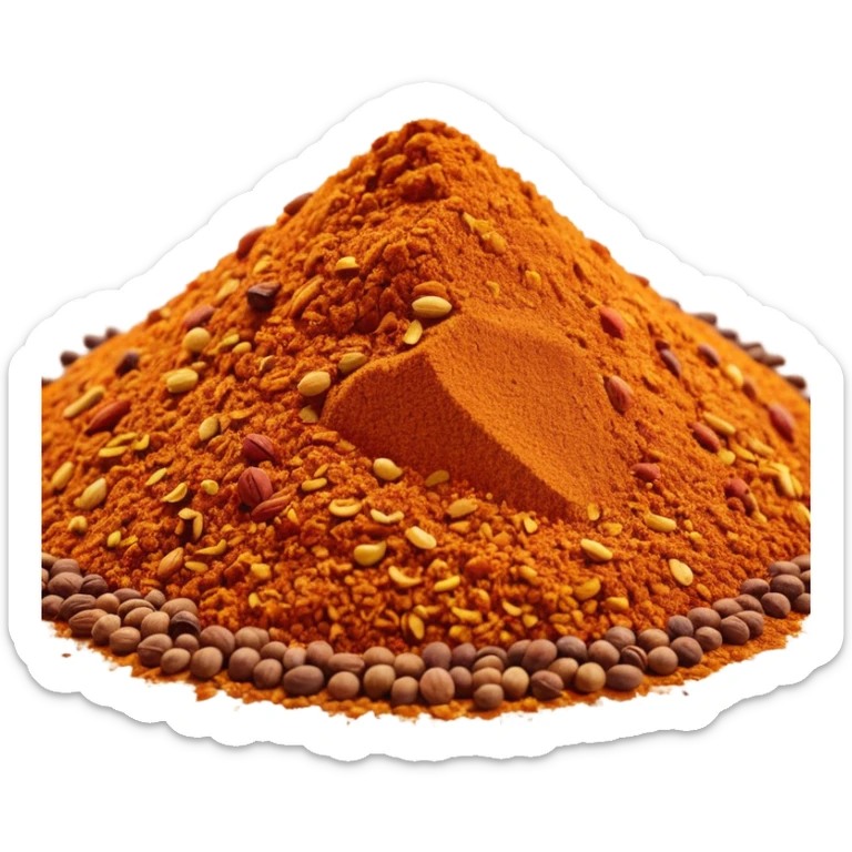 mound of Ras el Hanout spice mix, deep golden amber reddish-brown orange tones, fine grainy, visible colored specks, dry aromatic, clean 3D style sticker
