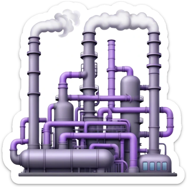 An emoji of an industrial factory in realistic gray tones, with pipes and smokestacks. Subtle neon violet glowing accents represent the power of AI, adding a futuristic and magical touch sticker
