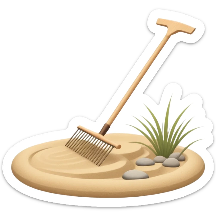 Minimalist emoji of a Japanese zen garden rake, elegant thin lines, light wood tone, sand-beige palette, flat vector style, calm and balanced aesthetic, inspired by zen tranquility, transparent background, premium minimal design sticker