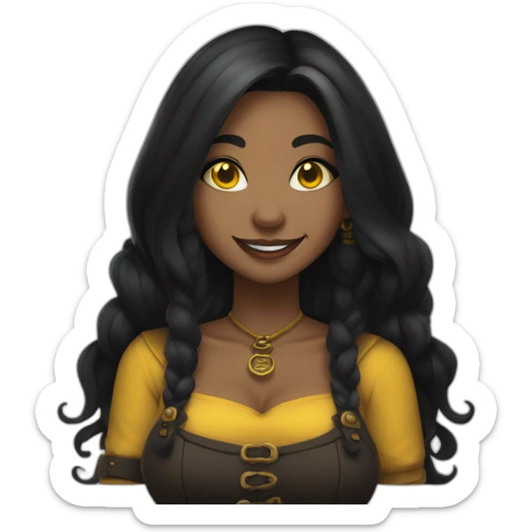 a woman, curvy, long black hair, yellow eyes, a septum piercing, tattoos, a black and yellow tavern keeper outfit, she laughs sticker