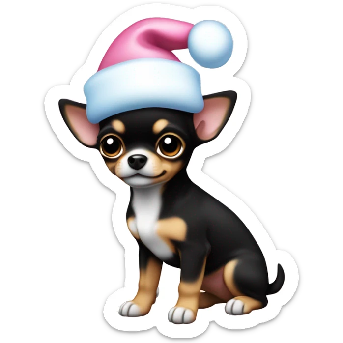 black & tan chihuahua puppy full body light blue eyes pink christmas hat on sticker
