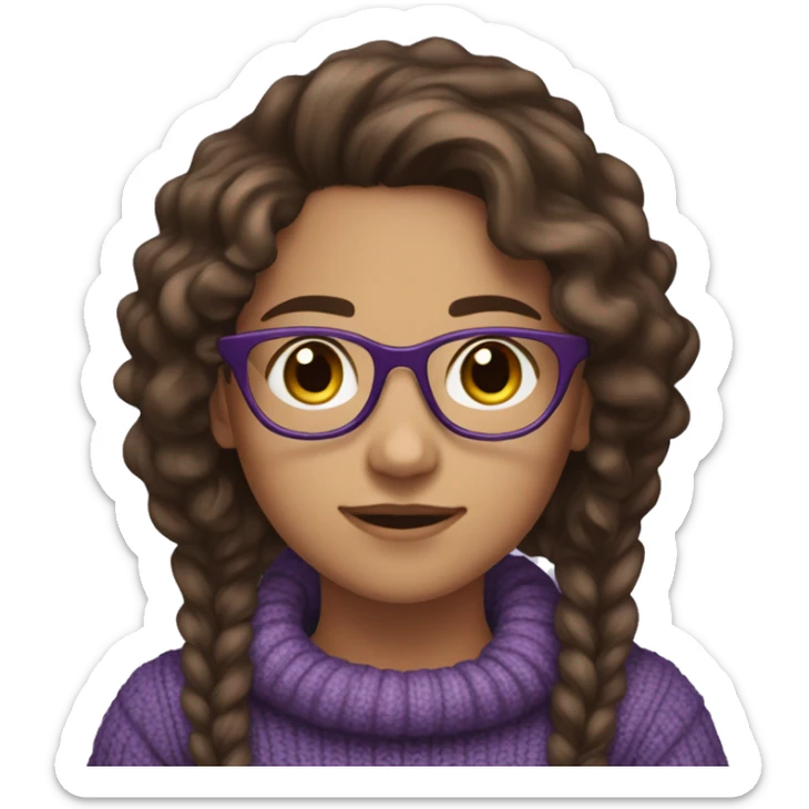 young girl, young hispanic, brown hair, long curly brown hair, brown eyes, purple winter sweater, glasses sticker