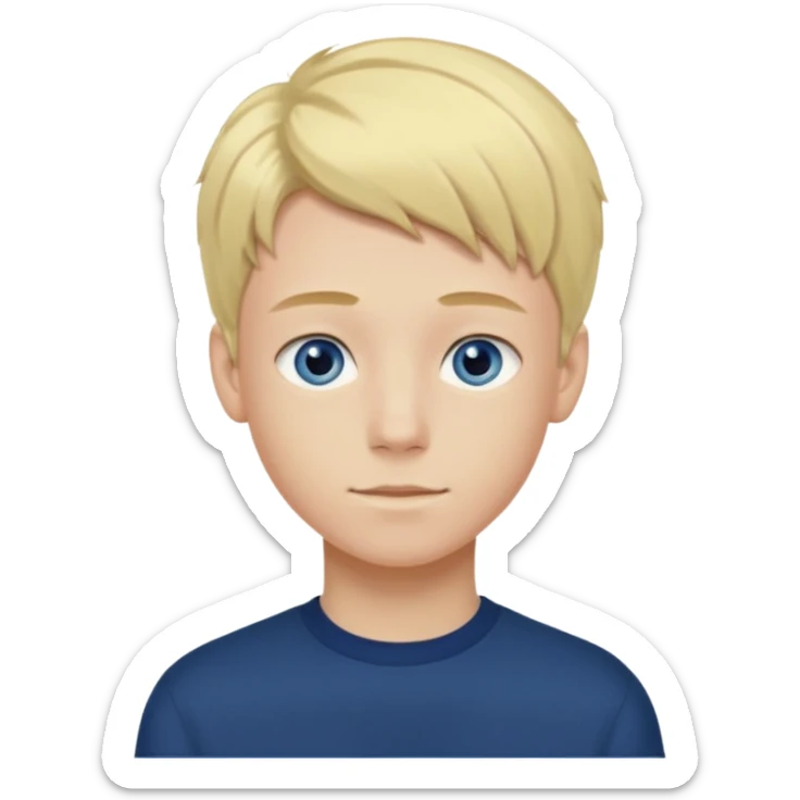A portrait of a 14-year-old boy, he's got fair blond and yellowish ivy league hair, fair skin and blue eyes. he's wearing a dark blue longsleeve. he's calm. sticker