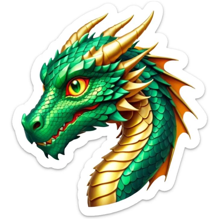Cinematic Noble Dragon Portrait Emoji, Poised and majestic, with a sinuous, elongated build and shimmering, scale-covered skin in hues of emerald and gold, piercing, fiery eyes, Simplified yet sharp and sophisticated features, highly detailed, glowing with a mystical, radiant glow, high shine, intelligent and formidable, stylized with an air of ancient power, focused and attentive, soft glowing outline, capturing the essence of a watchful and legendary dragon that feels as though it could soar out of the screen with effortless authority! sticker