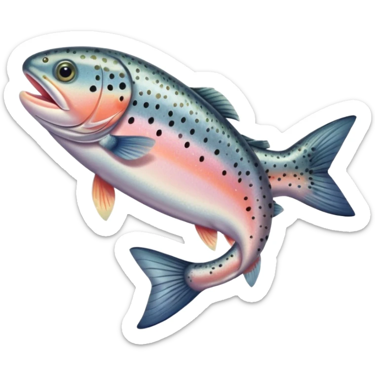 whole raw trout with slender elongated body, shimmering silver-gray skin speckled with dark spots, slightly iridescent scales, soft pinkish belly, intact fins, clear eyes, mouth slightly open, no plate or extras, soft lighting, subtle shadows, emoji scale sticker