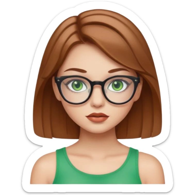 Yeşil gözlü,Hafif kahverengi saçlı, beyaz tenli, gözlüklü, crop giyinen ,baya dolgun dudaklı gloss sürmüş,makyajlı bir kız sticker