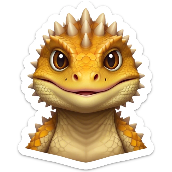 Cinematic Noble Bearded Dragon Portrait Emoji, Poised and regal, with a robust, angular build and a textured, scaled hide in earthy olive and sandy tones, a prominent spiky 'beard' beneath its chin and a keen, alert gaze, Simplified yet sharp and sophisticated features, highly detailed, glowing with a soft, dignified glow, high shine, intelligent and fierce, stylized with an air of desert majesty, focused and attentive, soft glowing outline, capturing the essence of a watchful and commanding reptile, so majestic it feels as though it could scuttle out of the screen with effortless authority! sticker