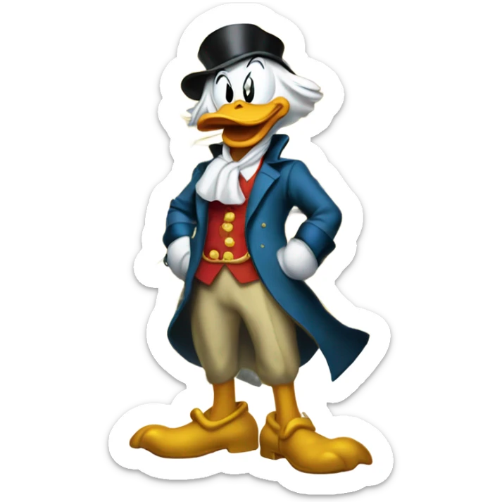 a slim successful looking scrooge mcduck standing atop a pile of money sticker