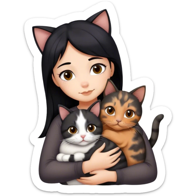 girl with black hair hugging three cats  (tortie cat, dark gray cat, brown calico cat) sticker