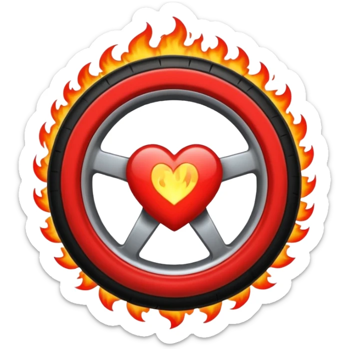 a burning car wheel, and in the center of the wheel there is a red heart sticker