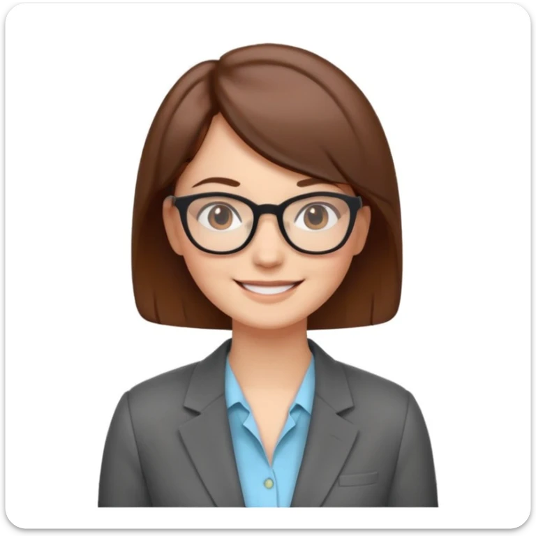 emoji-style illustrated avatar of a smiling woman with glasses and short brown hair, wearing a blazer, clean friendly minimal style, soft colors, subtle facial expression, plain or lightly colored background, modern vector illustration style for startup websites sticker