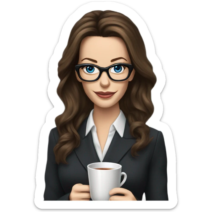 Realistic Kate Beckinsale blue eyes wearing glasses in a business dress drinking a cup of tea  sticker