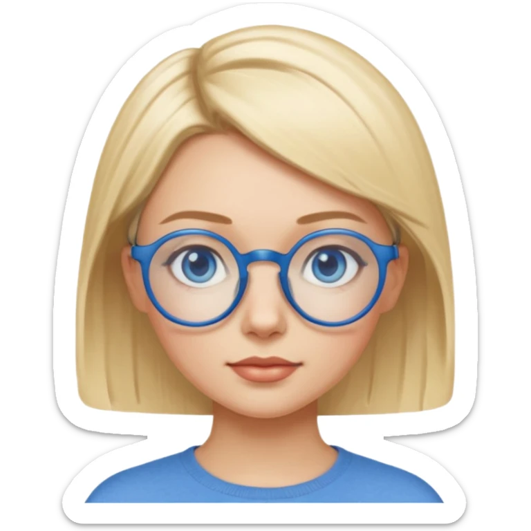 woman with very short side parted blonde haire, blue eyes and blue round glasses sticker