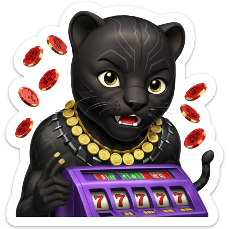 disheveled Black Panther losing money at a slot machine, panicked face, coins flying sticker