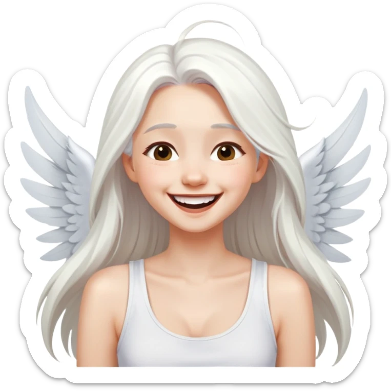 Style Stylized girl laughs with long white hair holds her hair in a white Tshirt on straps on straps hawks White hugs wings style art gam style cartoon sticker