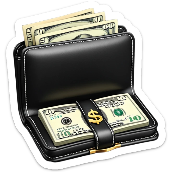 Rich emoji style black leather wallet with dollar bills, luxury money vibe, premium 3D emoji, ultra clean, high detail, no background sticker