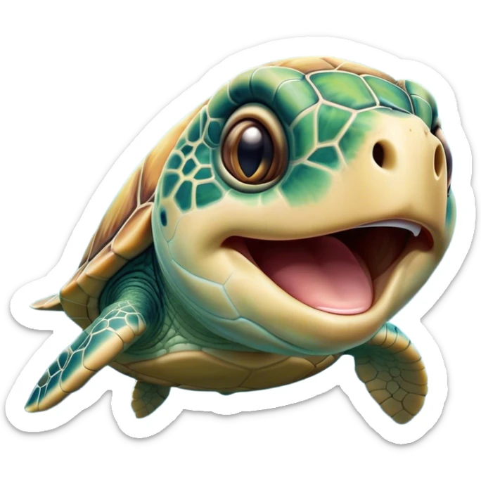 Cinematic Cute Yawning Sea Turtle Portrait Emoji, Head tilted slightly with a dramatic, wide-open yawn, showcasing a stately, patterned shell and a smooth, aged body with sleepy, half-closed eyes, Simplified yet irresistibly adorable features, highly detailed, glowing with a soft, cozy oceanic glow, high shine, relaxed yet expressive, stylized with a dash of whimsical marine charm, soft glowing outline, capturing the essence of a drowsy yet affectionate sea turtle that appears ready to stretch out for a nap! sticker