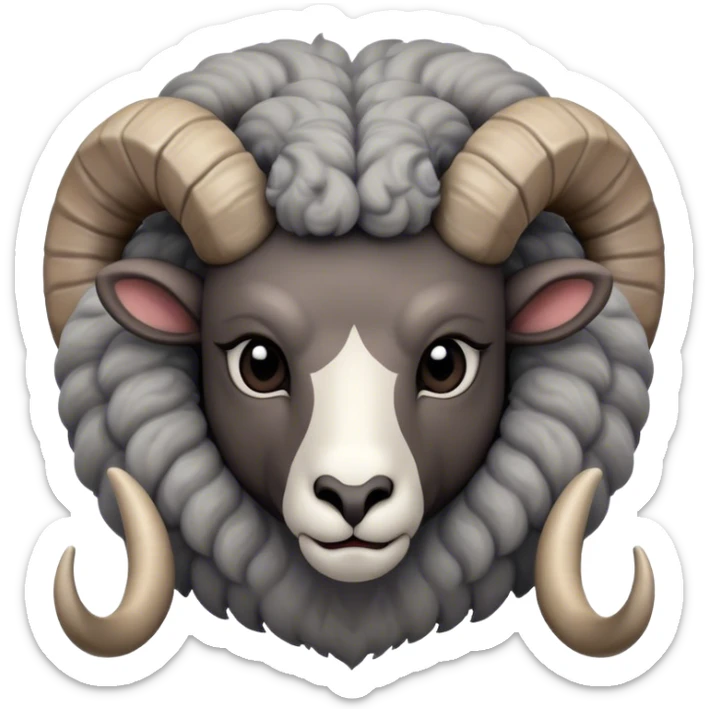 Cinematic Noble Ram Portrait Emoji, Poised and regal, with a sturdy, powerful build and a thick, woolly grey fur adorned with impressively curled horns, deep-set soulful dark eyes, Simplified yet sharp and sophisticated features, highly detailed, glowing with a soft, dignified glow, high shine, intelligent and commanding, stylized with an air of rugged majesty, focused and attentive, soft glowing outline, capturing the essence of a watchful and confident ram, so majestic it feels as though it could charge out of the screen with effortless authority! sticker