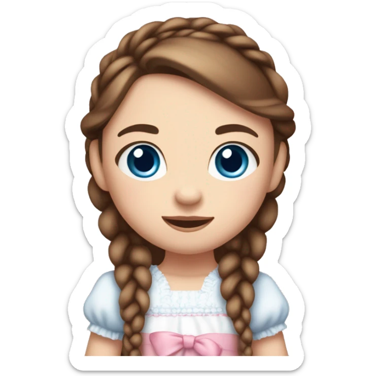 Little Girl with White skin, blue eyes. Long brown hair with two braids and two pink bows in it. She is wearing a pink and White dress, standing and holding on to a teddybear. sticker