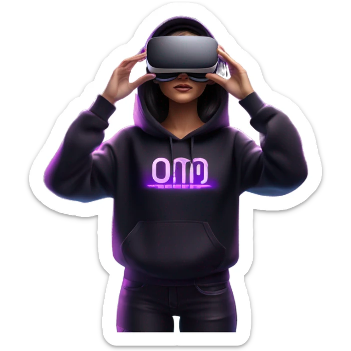 Russian girl wearing black hoody with violet letters "OMG", in vr headset oculus quest2. Standing like jedi. Cyberpunk style. Violet neon. sticker