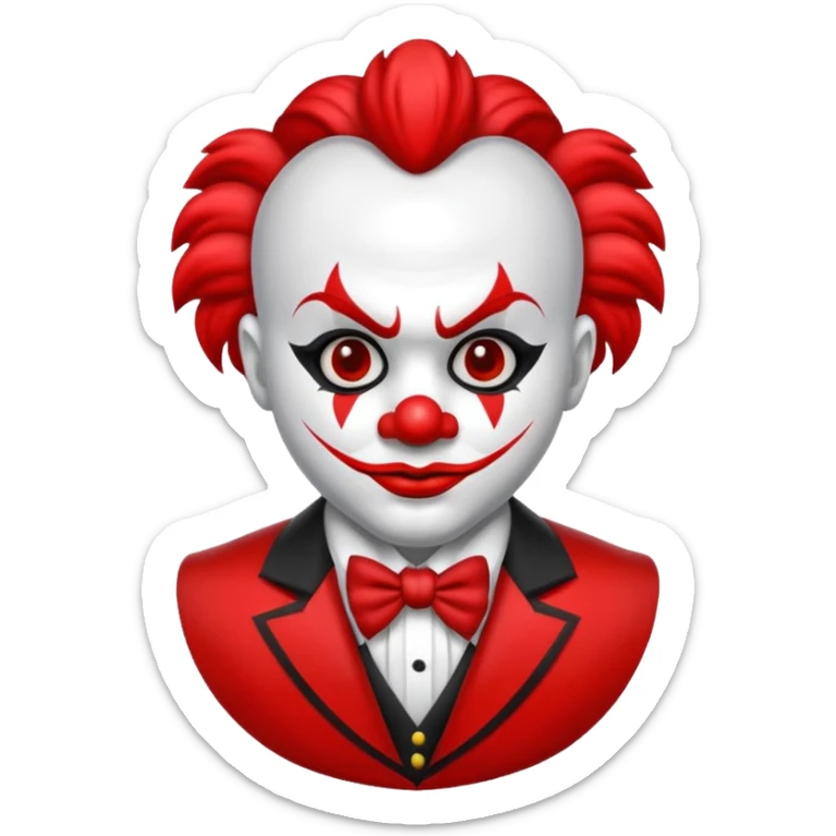 Crea un payaso con cara blanca que tenga en la frente una a en la cabeza, tengo unos cuernos negros y que en el cuerpo tengo un traje negro con rojo sticker