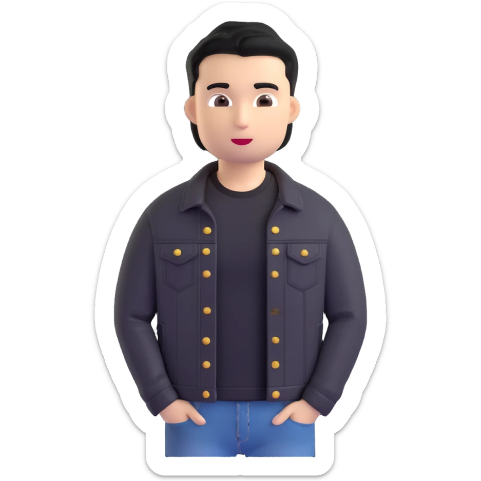 3D emoji style Microsoft, young man with black hair, wearing black t-shirt and black denim jacket, based on photo reference, neutral facial expression sticker