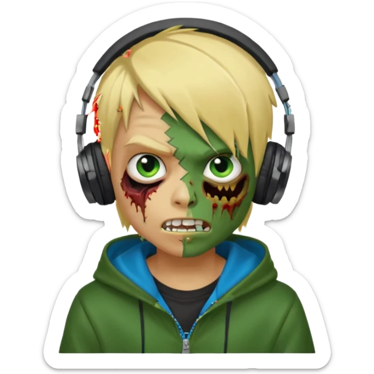 boy zombie whit blonde emo hair and eyes blue and GREEN SKIN and heandphones AND A MICROFONE AND GOLD TEETH and agesive face and the hoodie black sticker