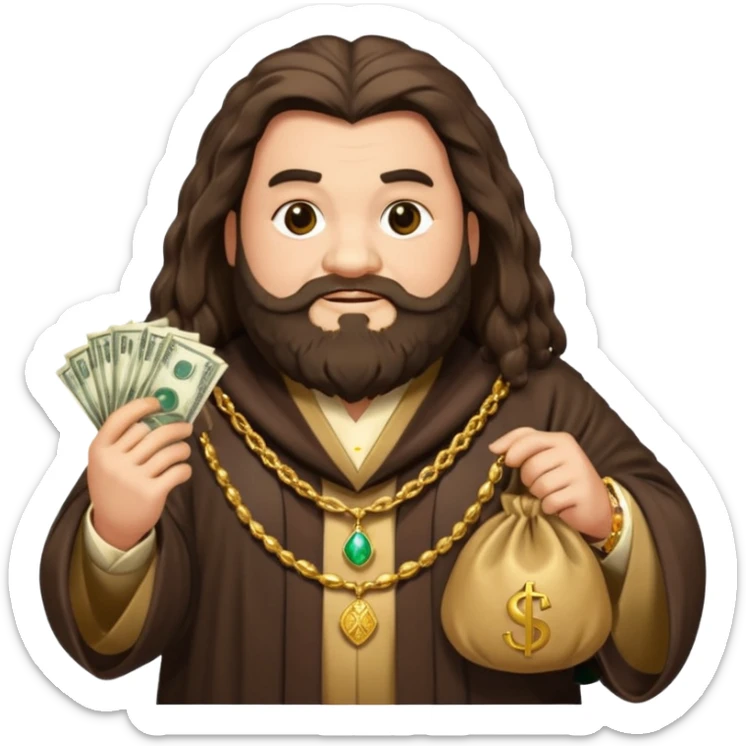 Hagrid from Harry Potter depicted as wealthy, wearing luxurious robes, gold jewelry, and holding a money bag, emoji style sticker