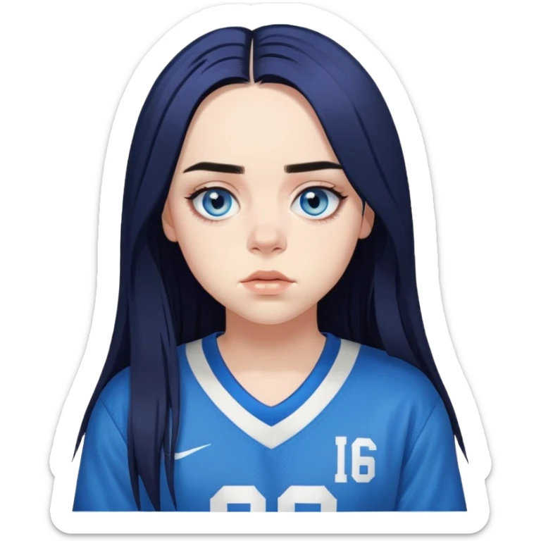 billie eilish singing long black hair blue eyes dark eyeliner makeup, wearing jersey sticker