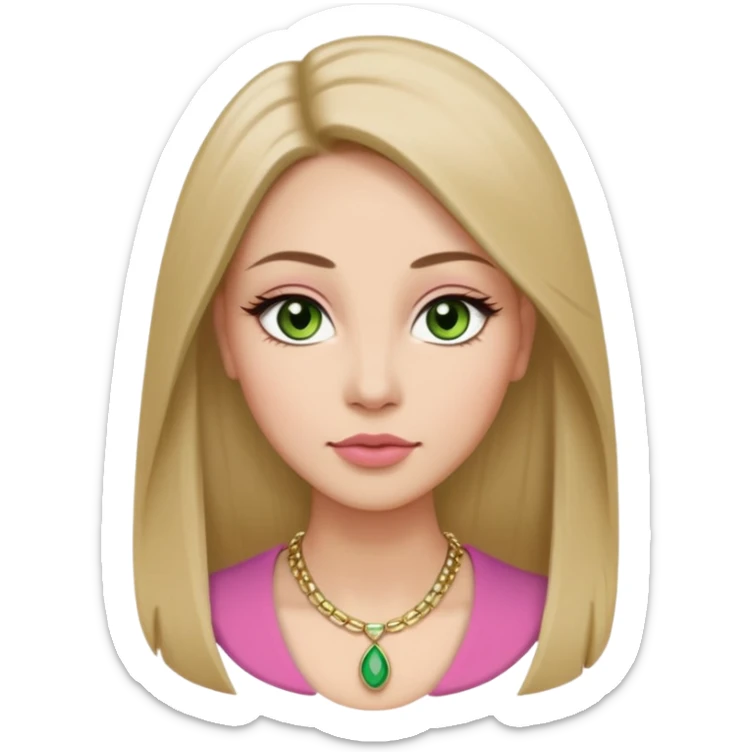 ,Adult woman avatar, light skin tone, oval face, long straight ash-brown hair, green almond-shaped eyes with dramatic eyelashes and minimal eyeliner, neutral mouth, medium straight eyebrows, small nose, natural pink lips, smooth skin with light natural blush sticker