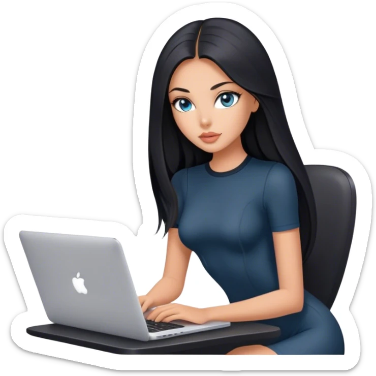 Glamours tanned very beautiful girl with pump peach nude lips and black straight smooth long hair, blue-grey eyes in beautiful short sleeves black bodysuit with MacBook sticker