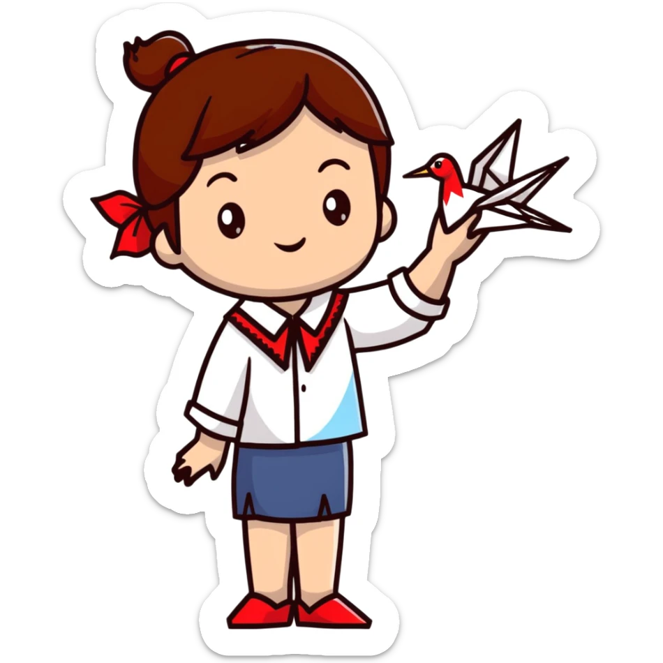 A happy Ukrainian young girl with brown hair in a white embroidered shirt makes an origami red crane craft sticker