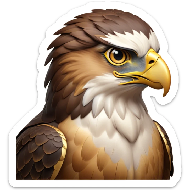 Cinematic Noble Hawk Portrait Emoji, Poised and regal, with a sturdy, agile build, a sharp, hooked beak, and intense, focused eyes that exude predatory precision, Simplified yet sharp and sophisticated features, highly detailed, glowing with a soft, golden glow, high shine, intelligent and vigilant, stylized with an air of aerial mastery, focused and determined, soft glowing outline, capturing the essence of a watchful and confident hawk that appears ready to soar out of the screen with effortless authority! sticker