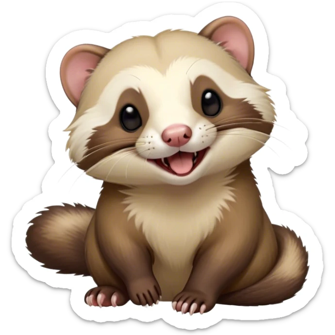 Cinematic Cute Yawning sable ferret Portrait Emoji, Head tilted slightly with an exaggerated, wide-open yawn, showcasing a long, flexible body with a plush fur in soft brown and cream, droopy, drowsy eyes, and a relaxed expression, Simplified yet irresistibly endearing features, highly detailed, glowing with a soft, cozy natural glow, high shine, relaxed yet expressive, stylized with a dash of whimsical charm, soft glowing outline, capturing the essence of a sleepy yet affectionate sable ferret that seems ready to curl up for a nap! sticker