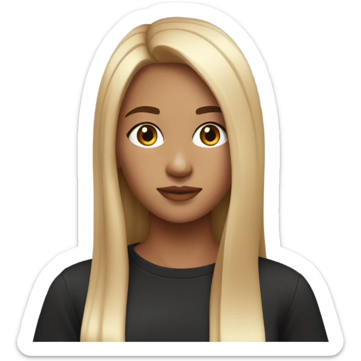 Girl with long straight hair with parting in the middle brown eyes black t-shirt with cut nice makeup sticker