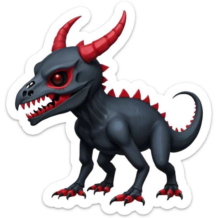Shiny Dark Edgy  Duskull-Salandit-Inteleon-Fakémon-hybrid-creature (full body) with a horned animal-skull-mask sticker