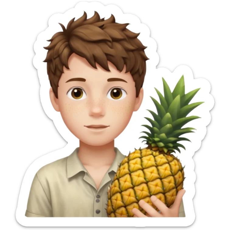 Pale young teenage boy with short wavy brown hair holding pineapple sticker