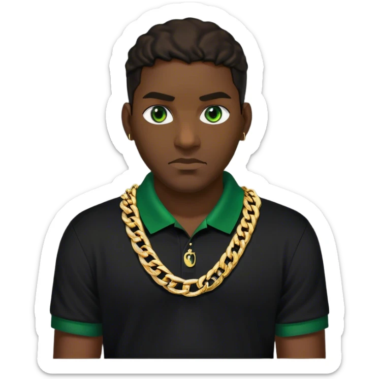 Homme Antillais avec des looks des yeux verts, des chaine en or épaisses en força ou maille cubaine originaire de Martinique avec un polo noir  sticker