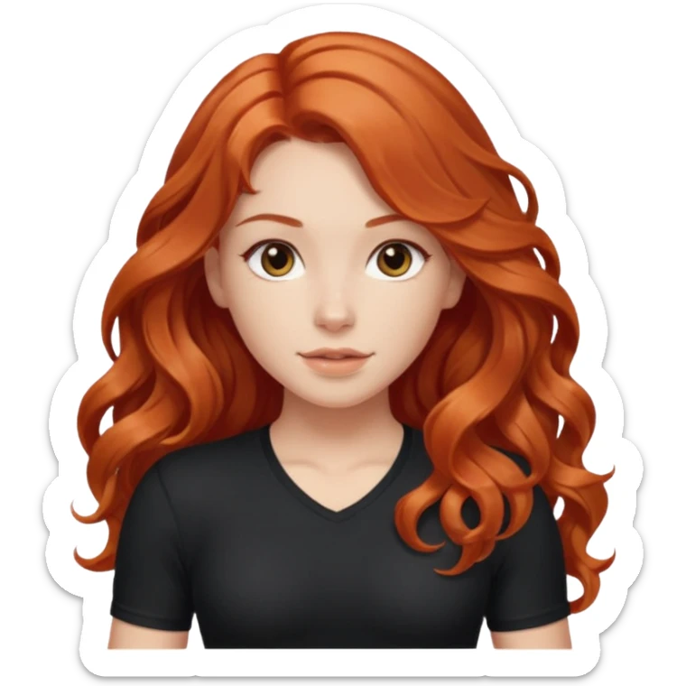 Athletic girl with long light red wavy hair and smaller boobs bigger arms not too big. middle part and black shirt sticker