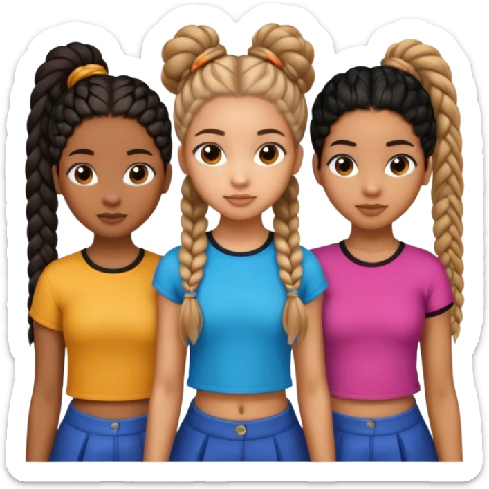 3 black teenage girls. One with shoulder length long curly hair and a little light skinned. One with Carmel skin with two long straight ponytails. One a little darker with 6 straight back braids going into buns in the back sticker