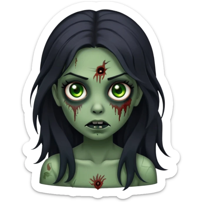 zombie girl with long black hair and black eyes, with dark green skin  sticker