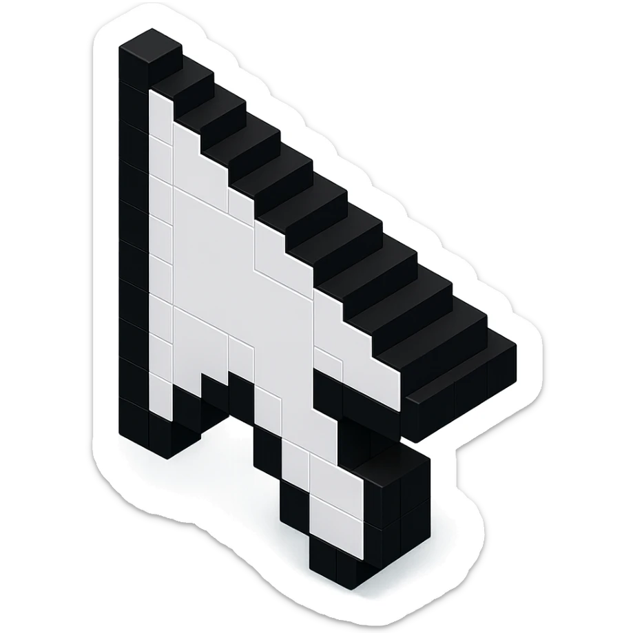 voxel art arrow cursor, white with black outline sticker