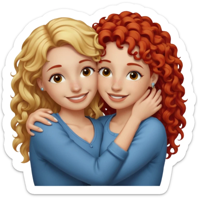 A woman with straight blonde hair and a nose piercing and a woman with curly red hair and a nose piercing are hugging and smiling together. sticker