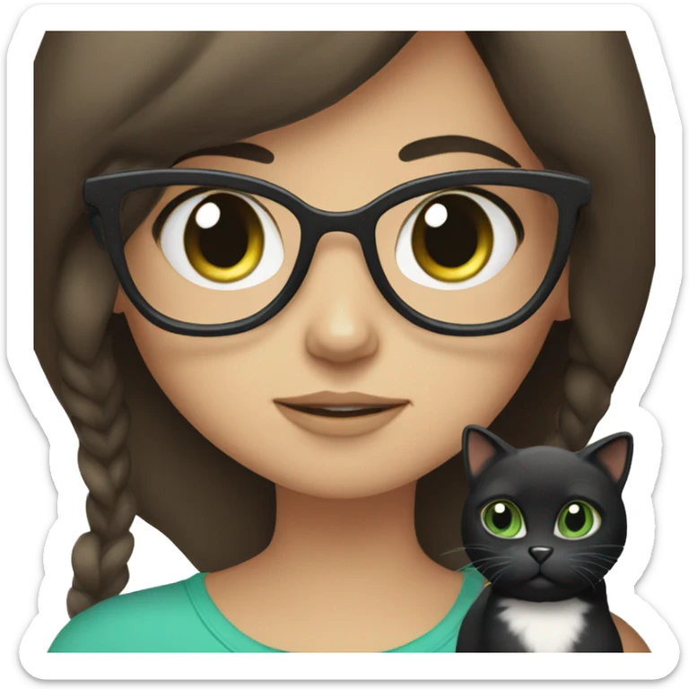 Brunette girl with glasses and Bluey green eyes holding a black and white cat sticker