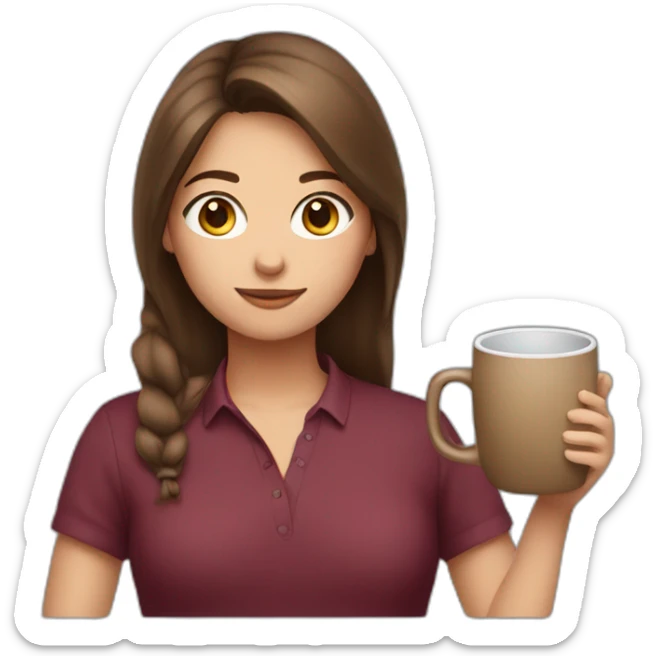 girl with brown hair, burgundy shirt with a large mug in her hand sticker