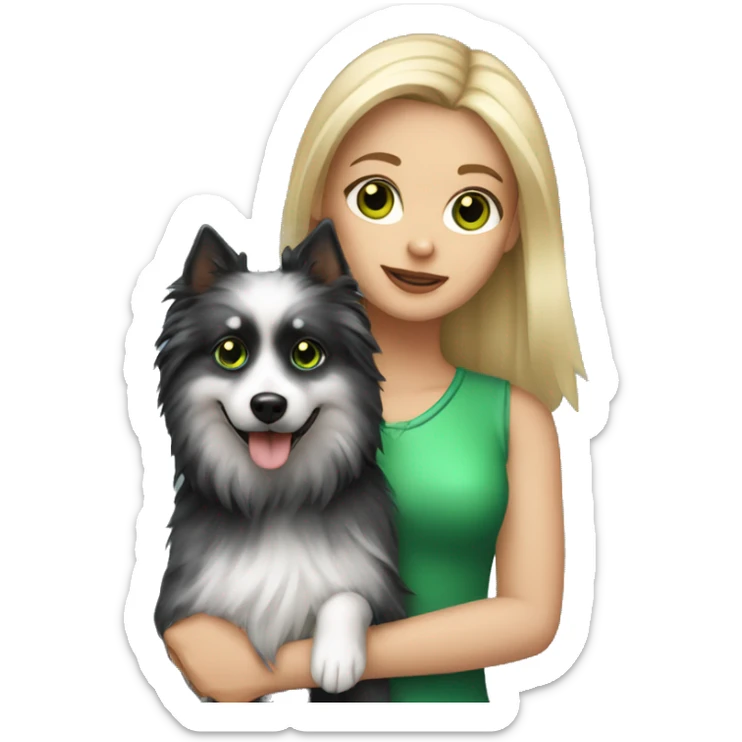 White girl with green eyes and highlights on the hair holding her dog black spitz sticker