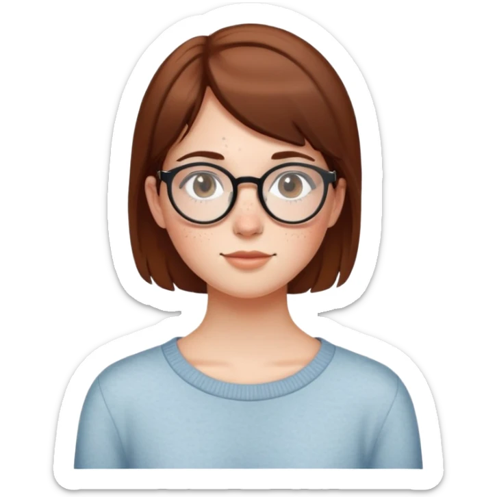 Girl with short brown hair, freckles, and round glasses. sticker