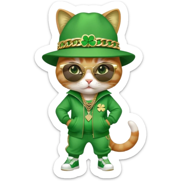 female cat in hip-hop Run DMC outfit, green tracksuit, fedora with shamrock, dark sunglasses, gold chains, bling accessories, St. Patrick's Day theme sticker