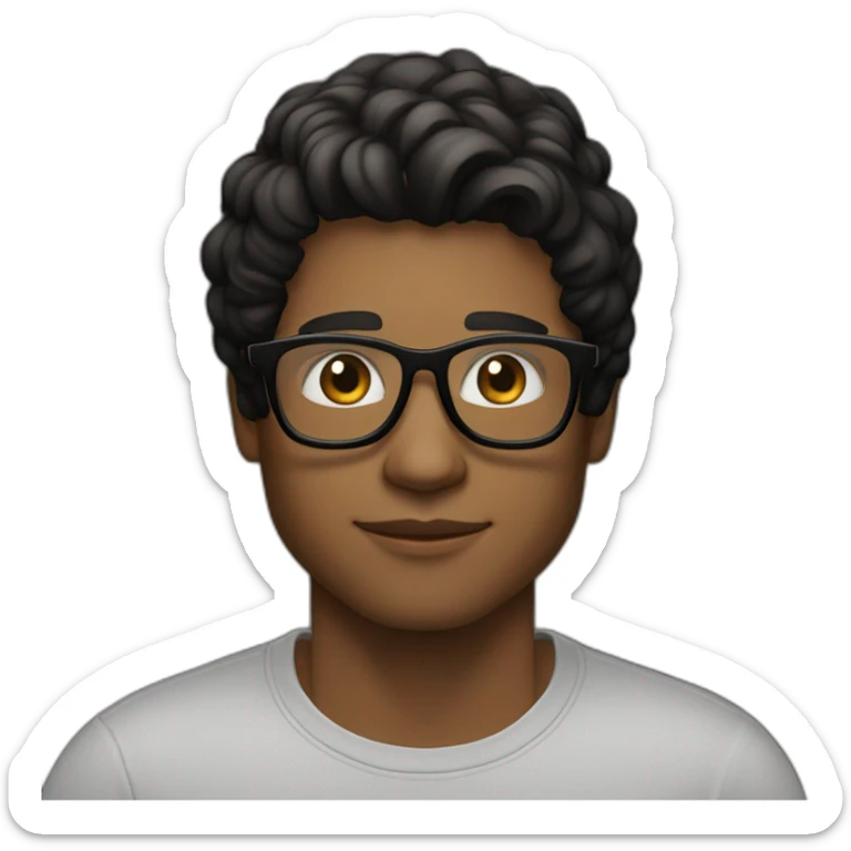 Light Brown guy, black medium long wavy hair, no facial hair, transparent aviator glasses, black t shirt sticker
