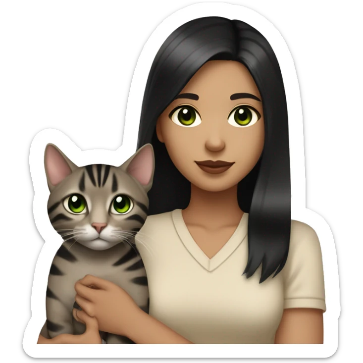 Girl with light skin, brown eyes, shoulder length straight black hair, wears a beige bluse outfit, with a silver bengal cat with Green eyes, holding in her arms sticker